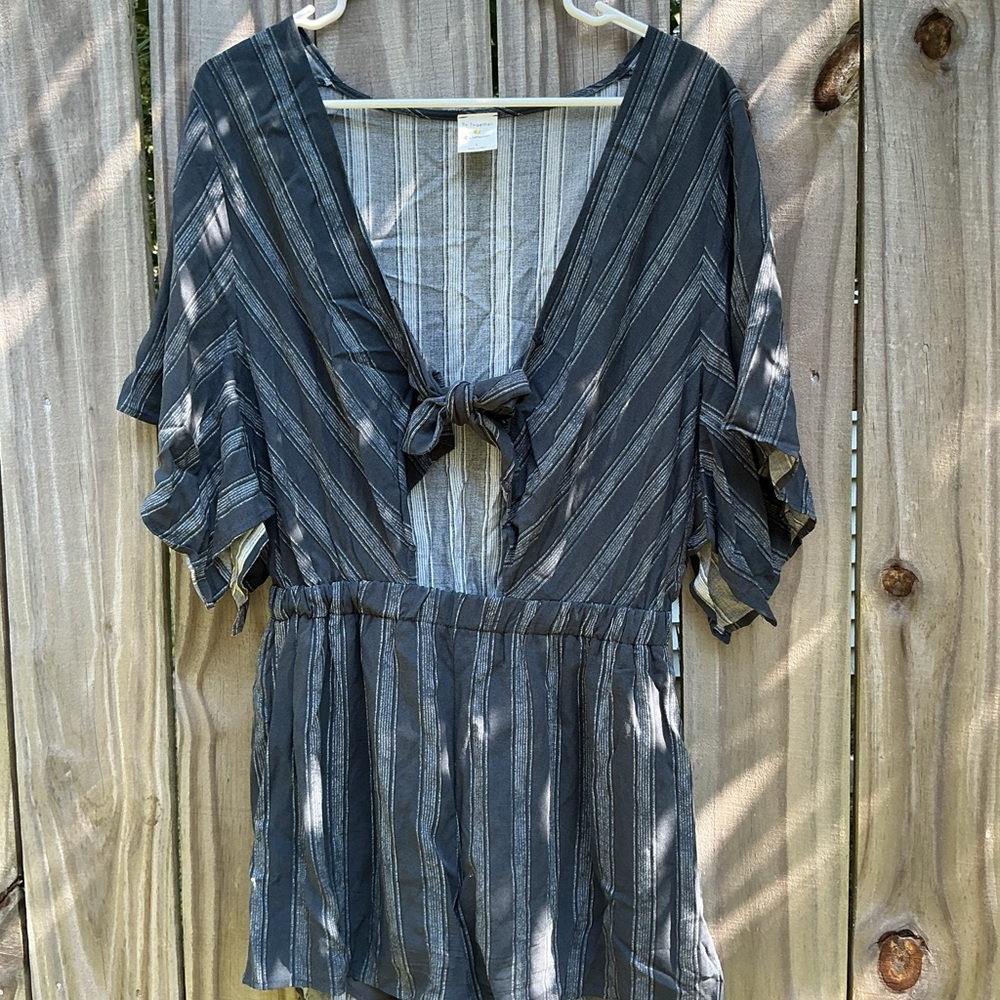 By Together Striped Black and Gray Tie-Front Romper